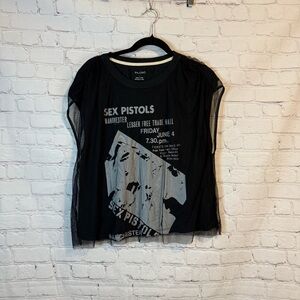 Pilcro Black Short Sleeve Sex Pistols Graphic Tee with Sheer Overlay